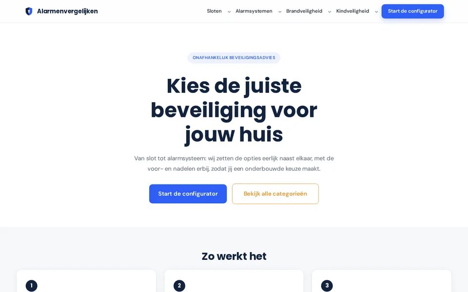 Screenshot van de homepage van alarmvergelijken.nl