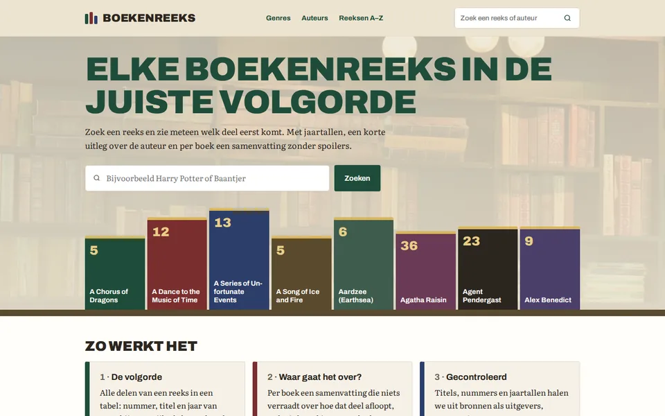 Screenshot van de homepage van boekenreeks.nl