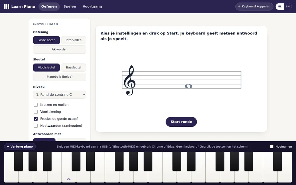Screenshot van de homepage van pianonotenleren.nl