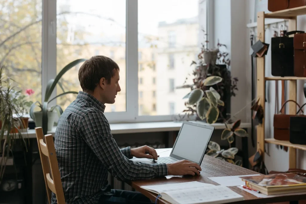 Man in een geruit overhemd werkt aan een laptop aan een houten tafel bij het raam in een kleine werkplaats met planten en leren tassen