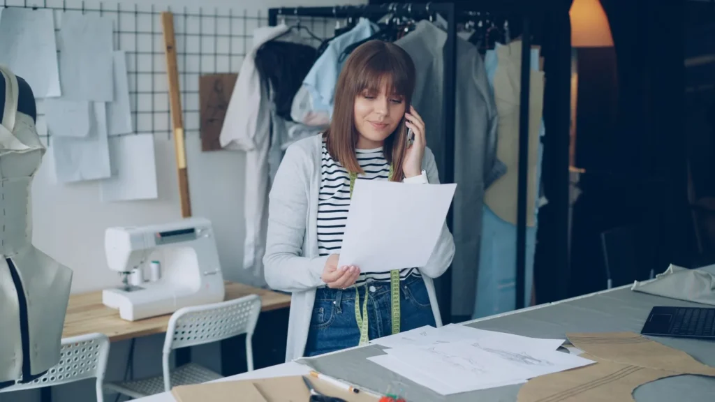 Een ondernemer in haar naaiatelier belt met een klant en leest een document